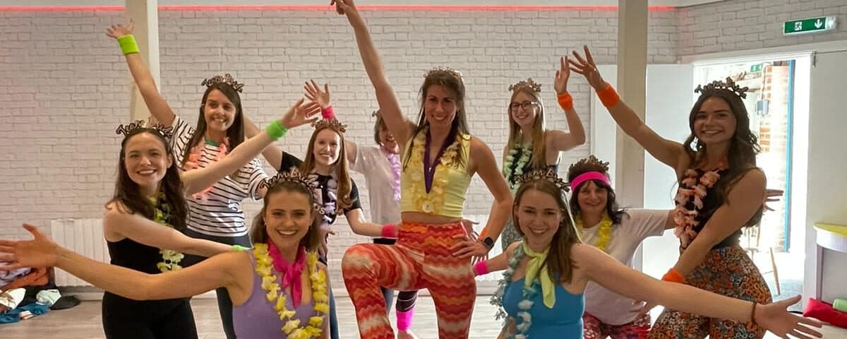 Hens dancing along to Abba at our fun Mamma Mia themed hen party dance class. Perfect if you're looking for Mamma Mia Hen Party Ideas.