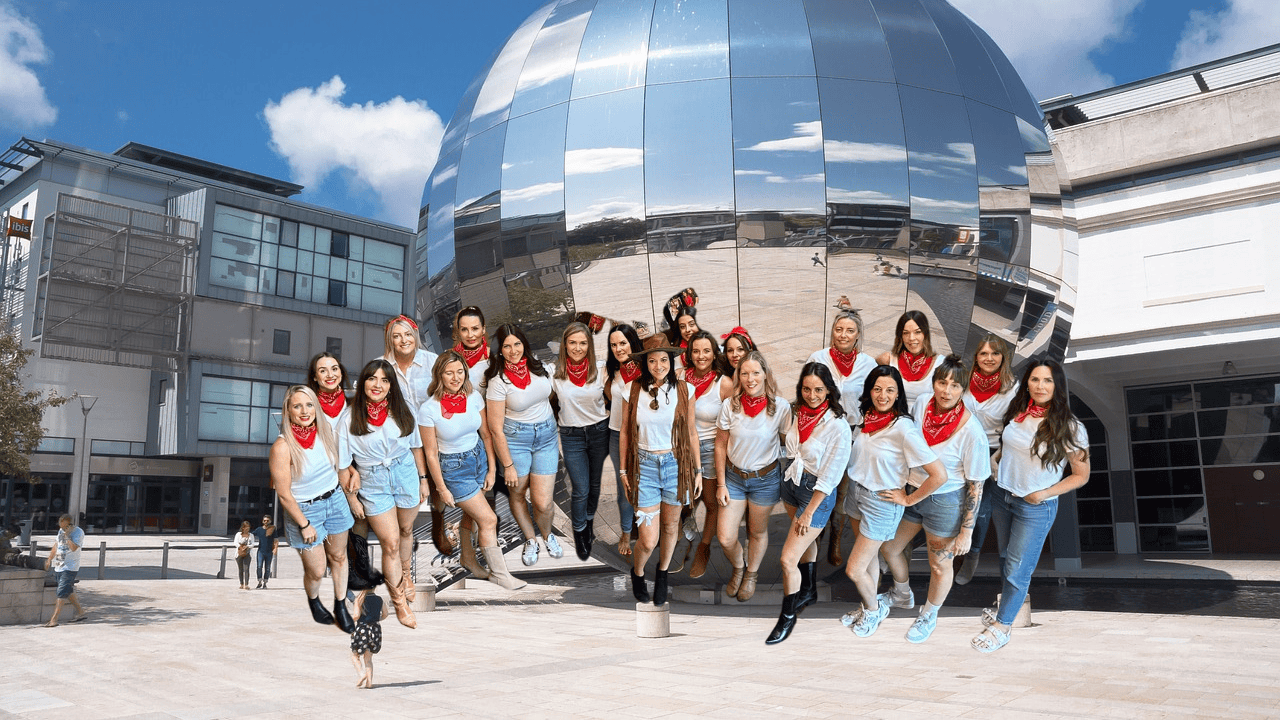 A group of hens getting ready for a fun hen party dance class in Bristol. A top choice for a Bristol hen do, this energetic dance session is one of the best Bristol hen party dance classes and a great Bristol hen do idea.