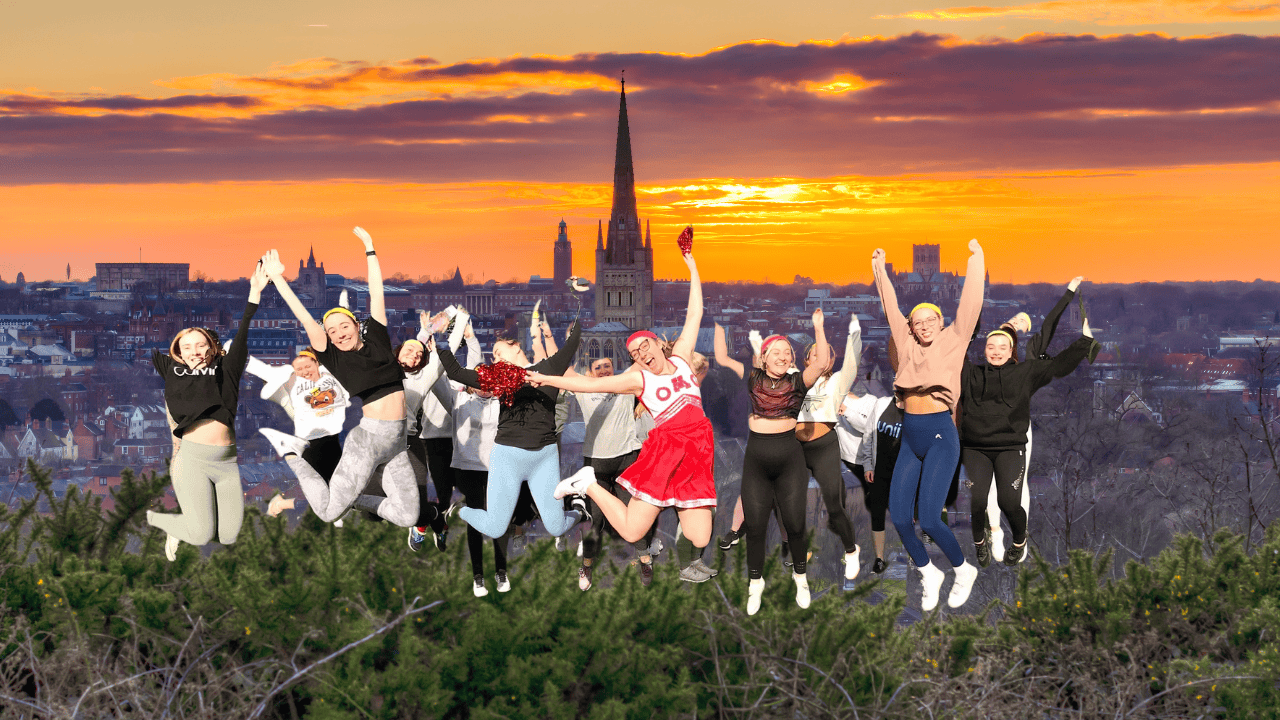 A group of hens enjoying a hen party dance class in Norwich, laughing and dancing together. Perfect for dance hen parties Norwich, a Norwich hen do, and Norwich hen party dance classes.