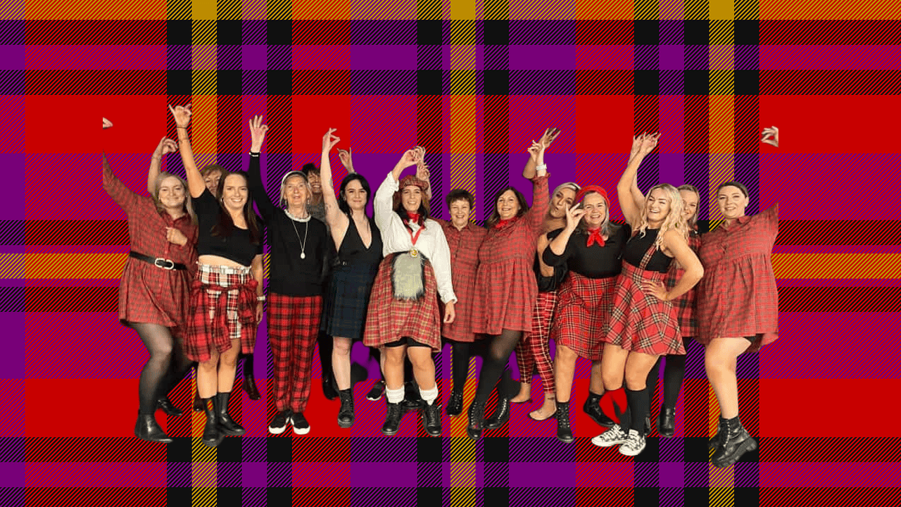 A group of women enjoying a fun Scottish hen party dance class, learning traditional Scottish moves in a lively setting. Perfect for Scottish hen parties and hen dos looking for a unique celebration.