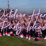 Bride tribe enjoying garden hen party activities with outdoor hen do games and stylish outdoor decorations at a UK hen weekend