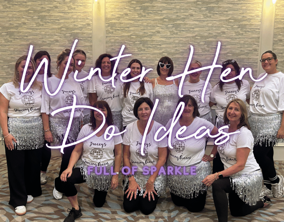 Christmas hen party group in sequins celebrating with a fun dance class.