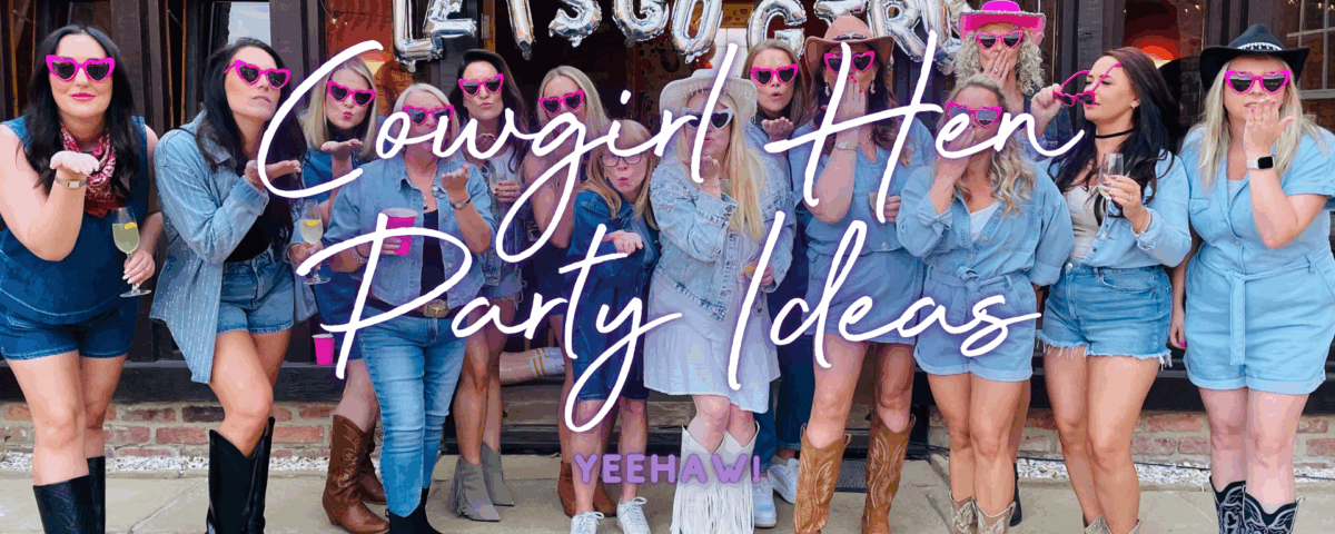 Cowgirl hen party ideas, a group of hens in cowgirl outfits and hats having fun at a hen do