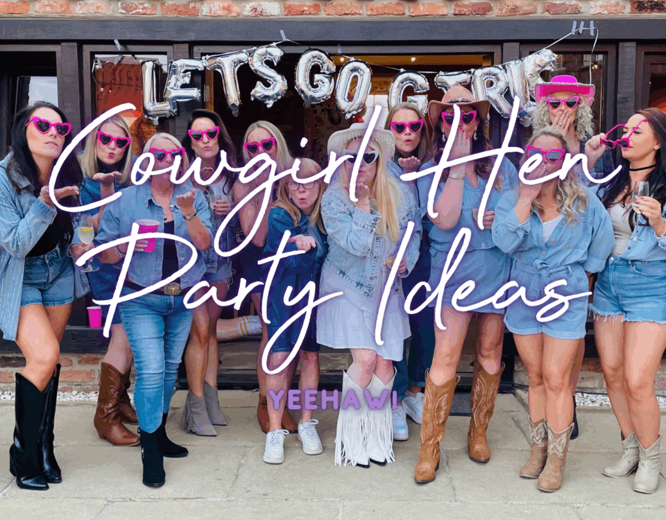 Cowgirl hen party ideas, a group of hens in cowgirl outfits and hats having fun at a hen do
