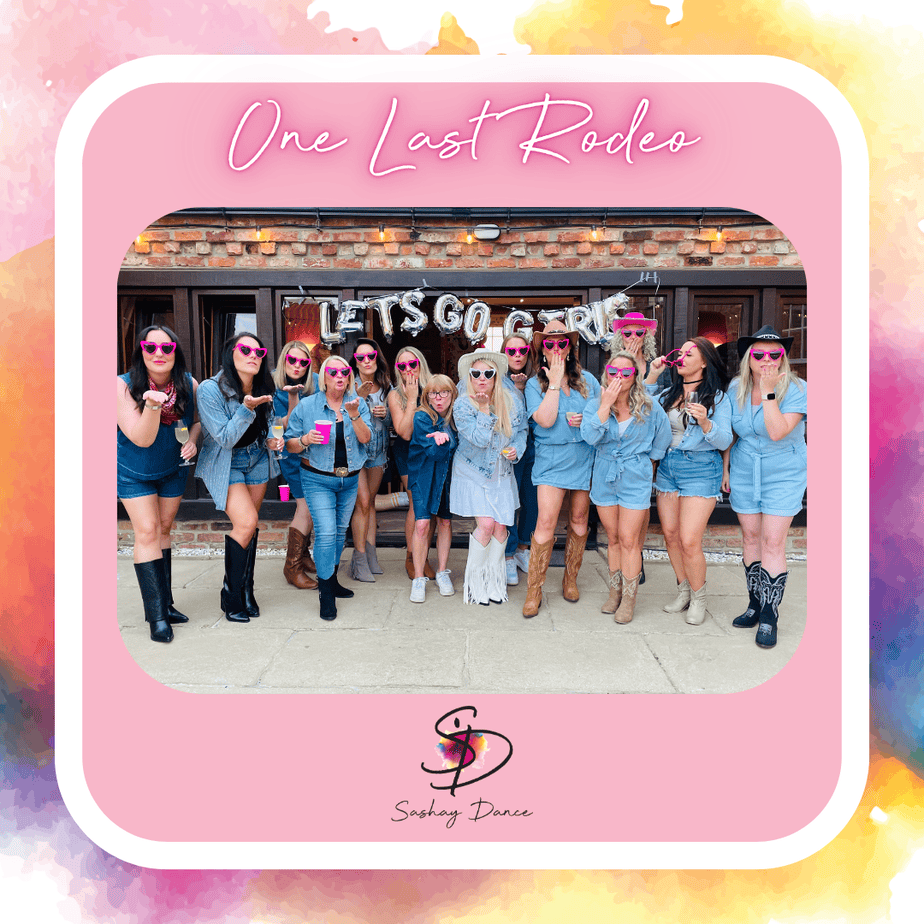 A hen party group wearing cowboy hats and denim at a cowgirl themed celebration
