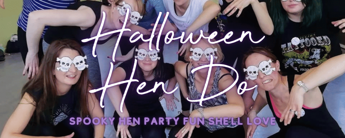 Halloween hen do ideas: hen group in skull masks laughing at a spooky celebration
