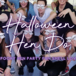 Halloween hen do ideas: hen group in skull masks laughing at a spooky celebration