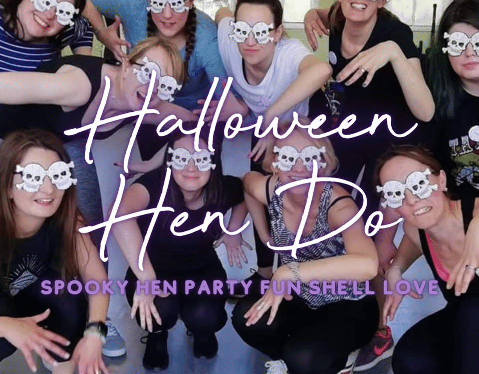 Halloween hen do ideas: hen group in skull masks laughing at a spooky celebration
