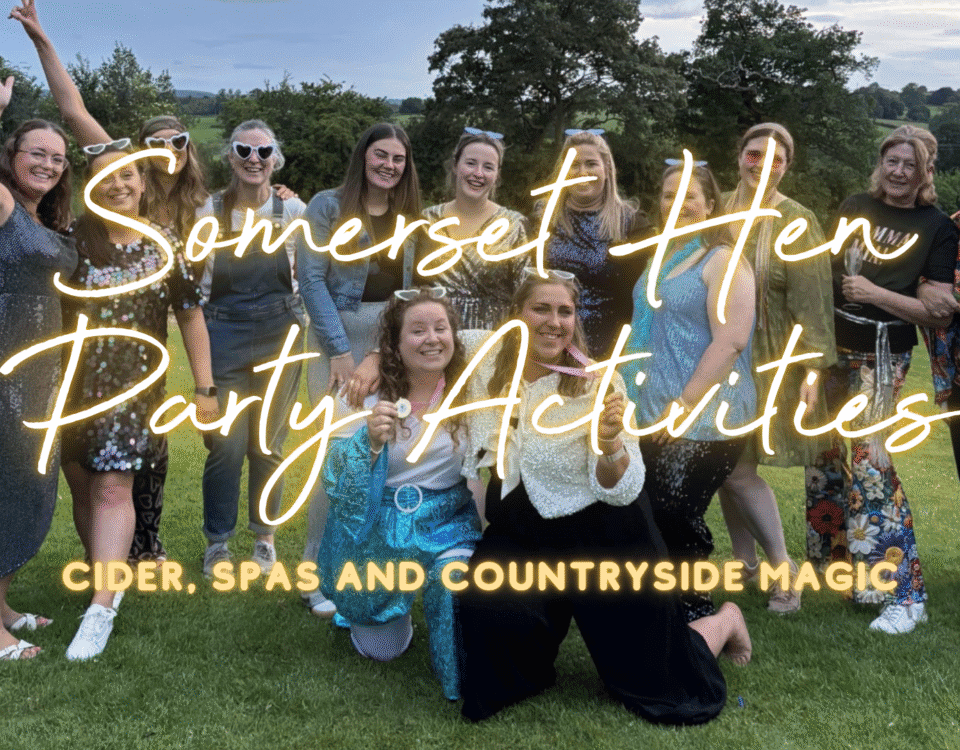 A hen party group laughing and dancing together at a Sashay Dance class at a Somerset hen house.