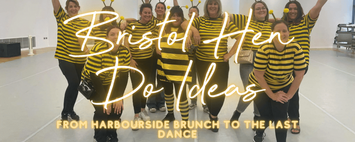 Hen do ideas Bristol: hen group celebrating at a dance class by the harbourside