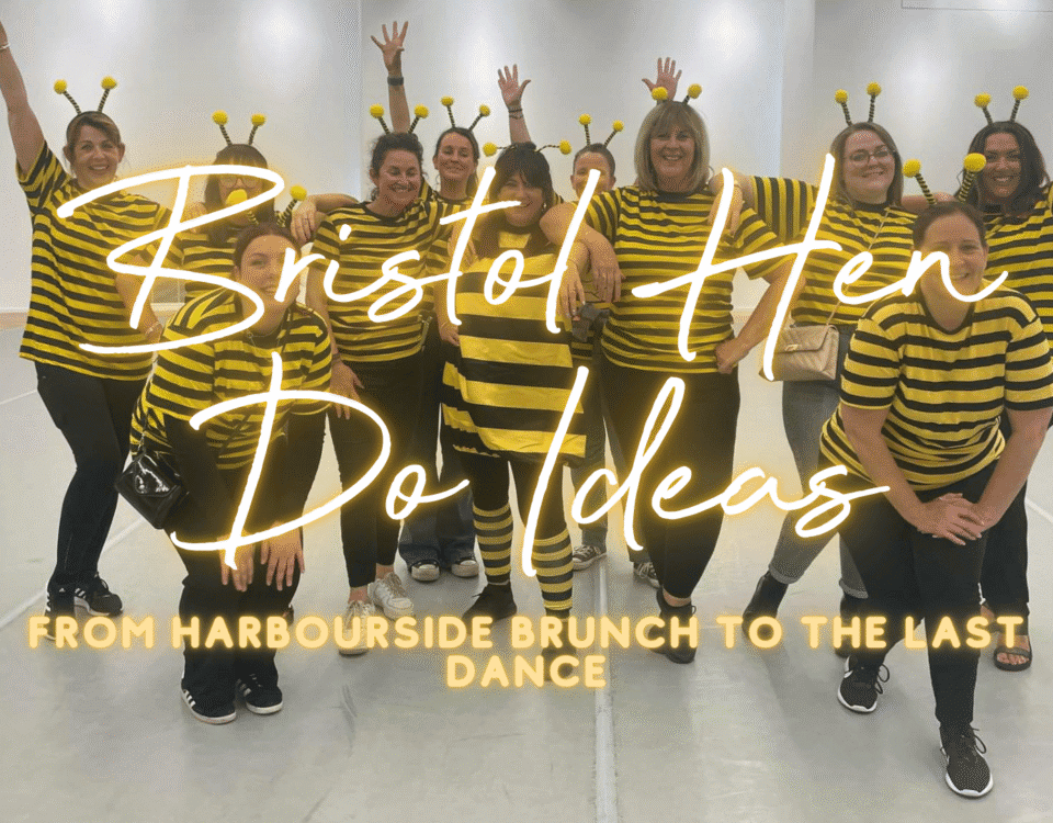 Hen do ideas Bristol: hen group celebrating at a dance class by the harbourside