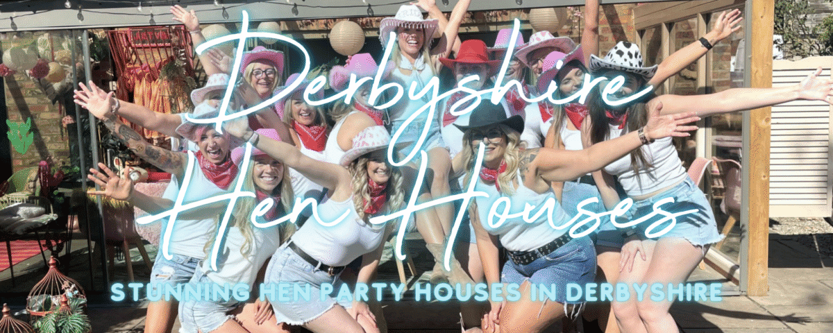 Hen party houses Derbyshire: hen group striking a pose outside a Peak District house with hot tub