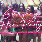 Glamping hen party: hen group inside a bell tent having a fun hen do dance class
