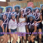 Hen party accessories: blue cowgirl hats and disco novelty sunglasses ready for a fun hen do weekend
