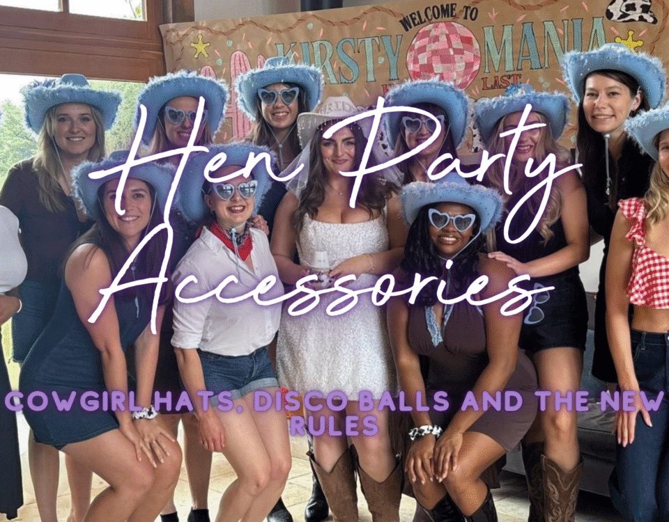 Hen party accessories: blue cowgirl hats and disco novelty sunglasses ready for a fun hen do weekend