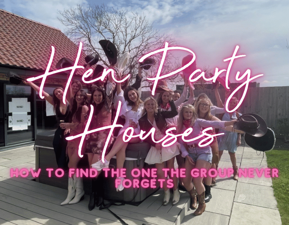 Hen party houses UK: hen group celebrating in the hot tub of a large hen do house