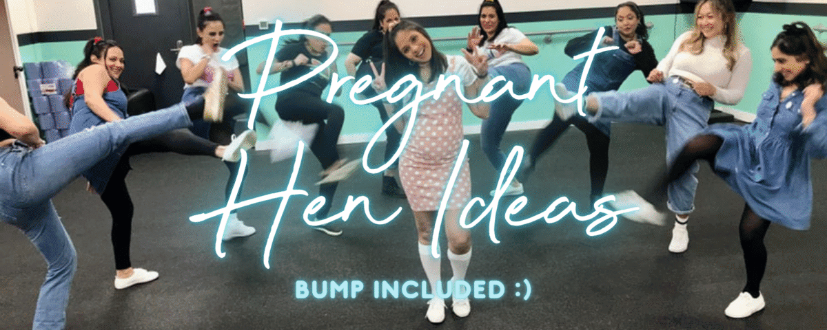 A pregnant bride celebrating with her hen group, doing a fun hen party dance class with Sashay Dance.