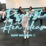 A pregnant bride celebrating with her hen group, doing a fun hen party dance class with Sashay Dance.