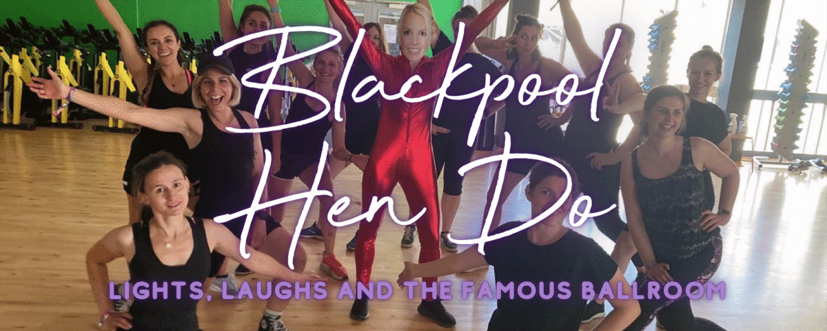 Blackpool hen do: hen group celebrating at a fun themed hen party dance class in Blackpool
