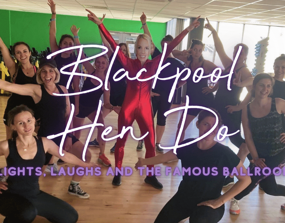 Blackpool hen do: hen group celebrating at a fun themed hen party dance class in Blackpool
