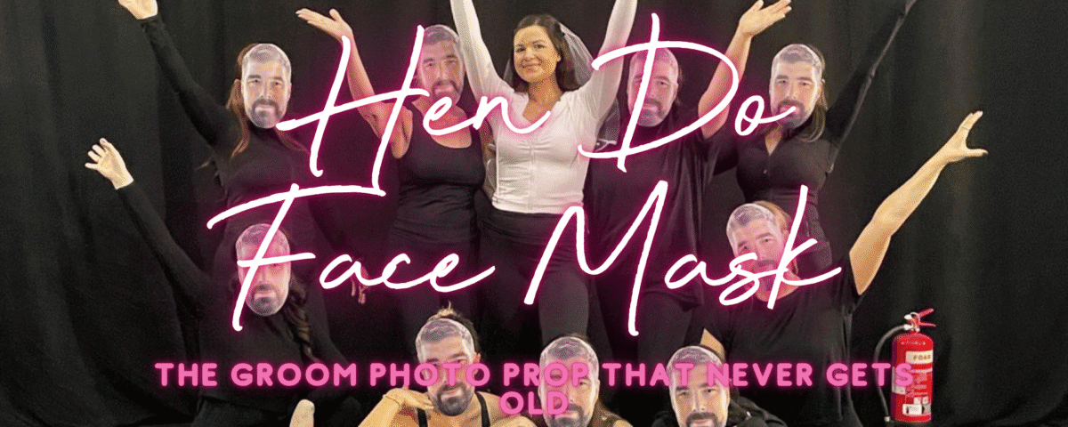 Hen do face masks: hen group holding personalised groom photo masks over their faces