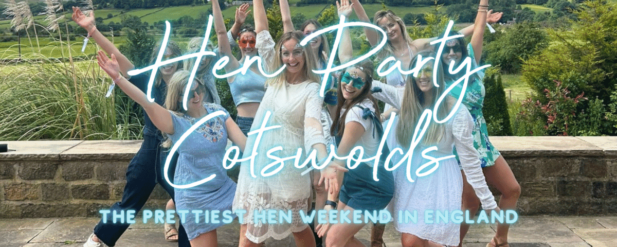 Hen party Cotswolds: hen group celebrating outside a honey-stone hen house